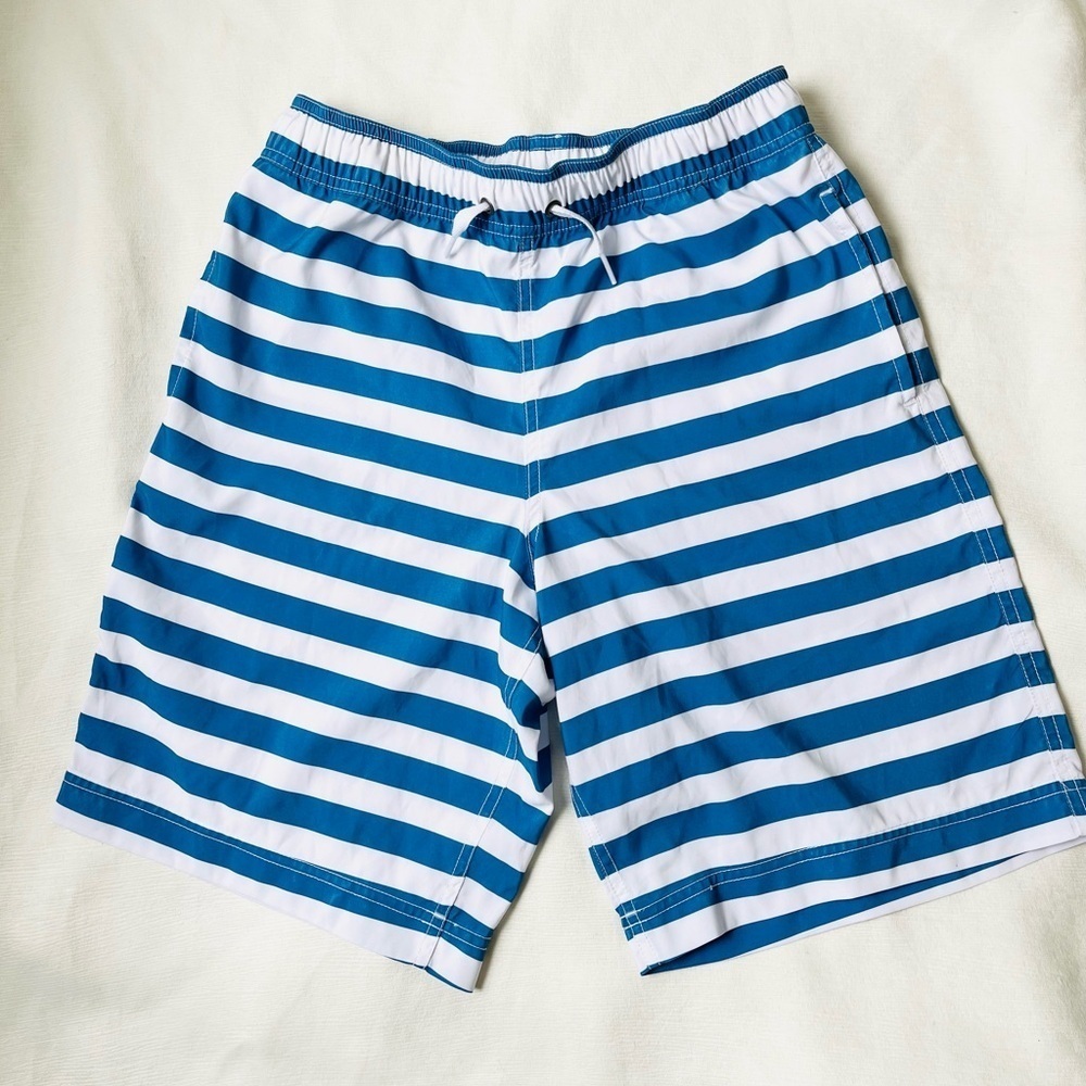Hanna Anderson boys Blue and White Striped Swim Trunks 14-16